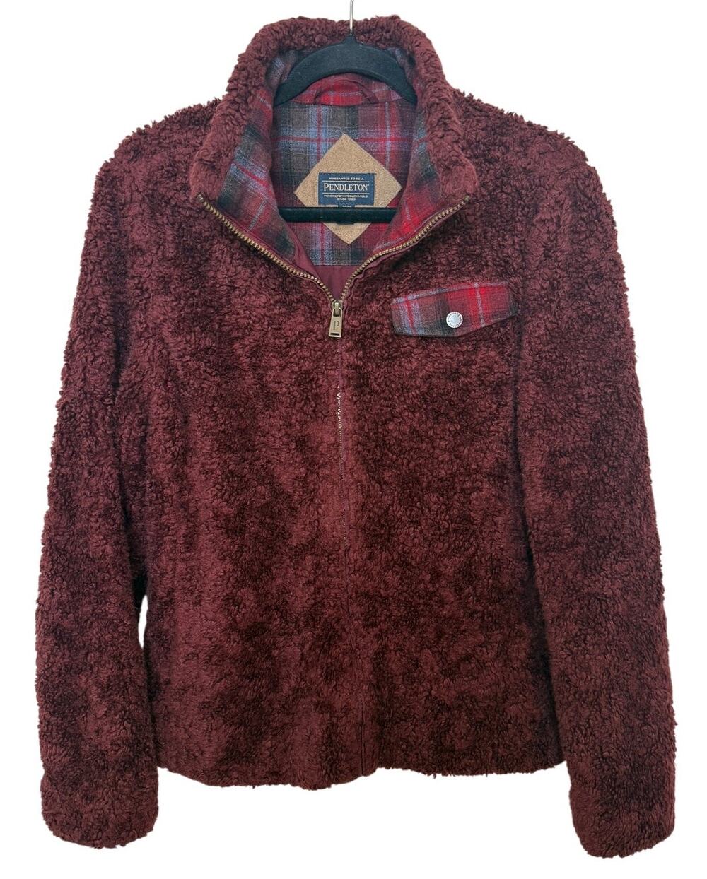Pendleton Burgundy Plaid Fuzzy Full Zip Jacket Medium Gorpcore Sherpa Teddy